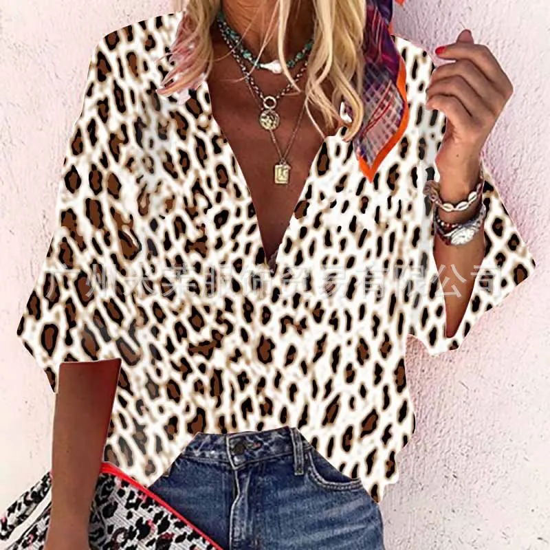 

2022 Women's leopard print button lapel shirt women