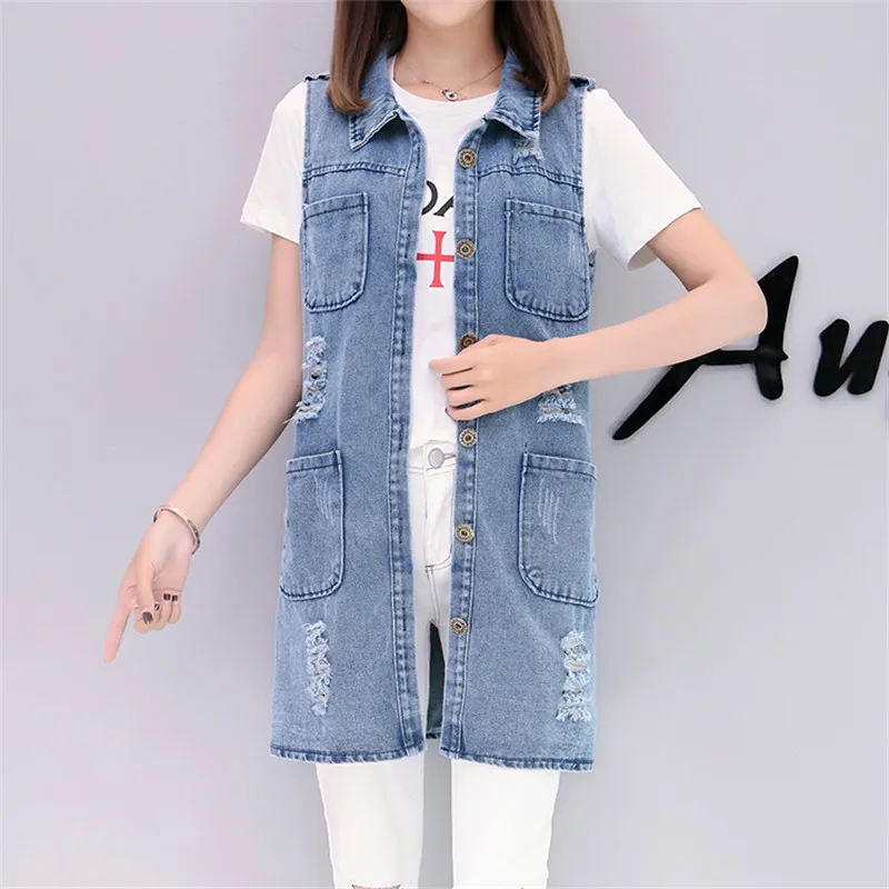 

Women's Fashion Sleeveless Casual Jacket Outerwear 2021 Denim Vests Spring Summer Ripped Long Hole Stylish Jean Waistcoat Female