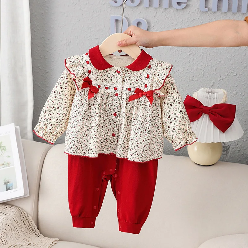 

Комбинезоны для новорожденных девочек, хлопковая детская одежда с воротником в стиле Питера Пэна, наряды принцессы с лентой для волос 0-24 ме...