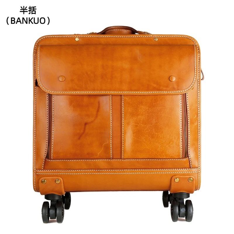 

BNKUO 100% Cow Leather New 20 "Universal Wheel Travel Case Business Travel Vintage Leather Luggage Suitcase