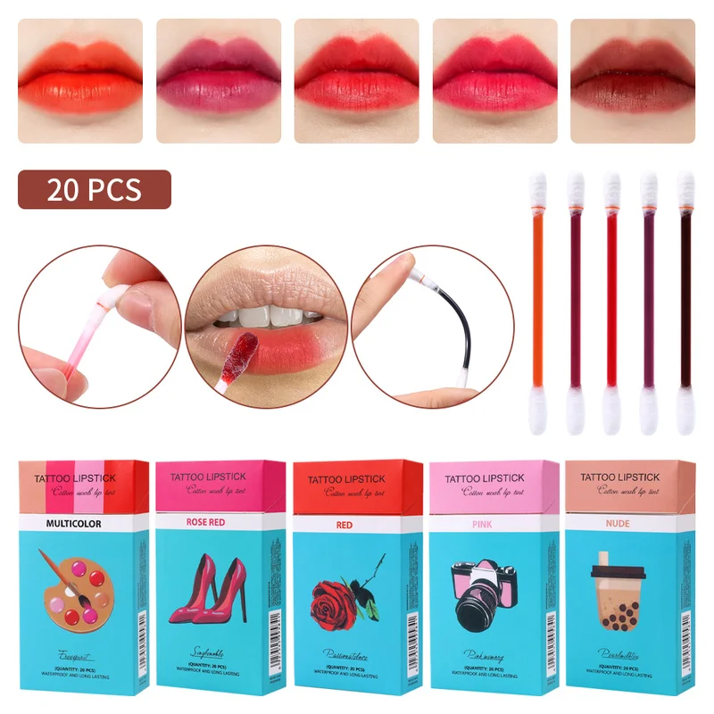 

20Pcs Set Cotton Swab Lipsticks Makeup Waterproof Long Lasting Matte Red Portable Cigarette Case Lip Gloss Women Lips Cosmetics