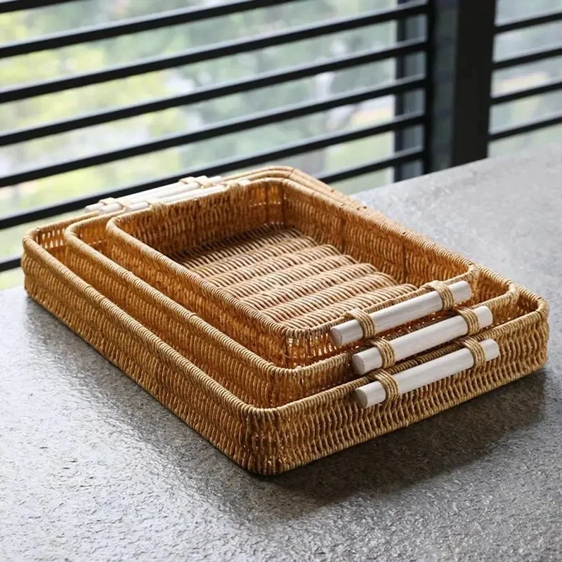 

NEW Rattan Tray Woven Rattan Rectangular Serving With Handles Rustic Decorative Trays For Breakfast Drinks Snack And Bread