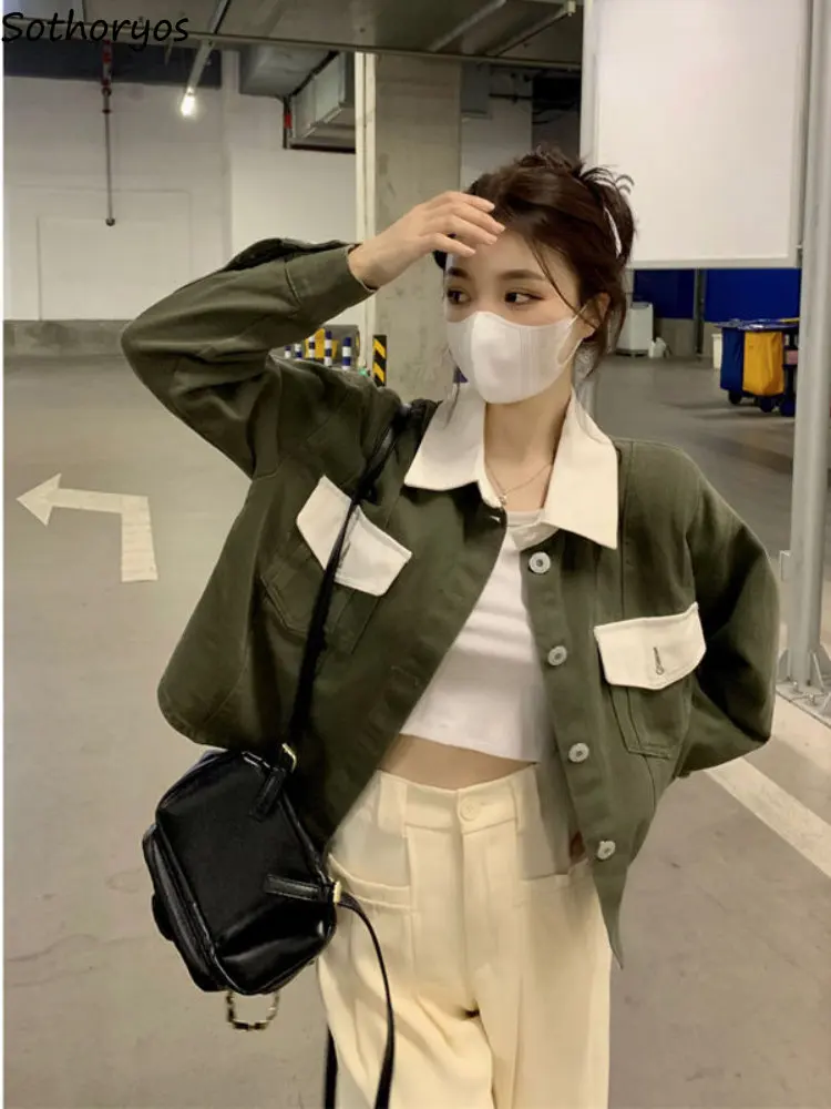 

Укороченные куртки женские простые зеленые бойфренды простые Лоскутные в стиле Харадзюку корейский стиль Универсальные повседневные шикарные Новые поступления Осенняя верхняя одежда