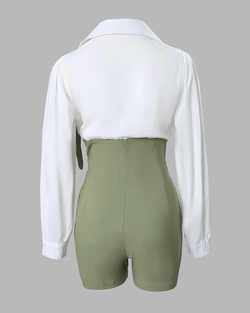 Fashion Women Colorblock Zipper Design Buttoned Romper 2023 Summer Patch Green One Piece Suit Short Pants Casual Clothings Femme