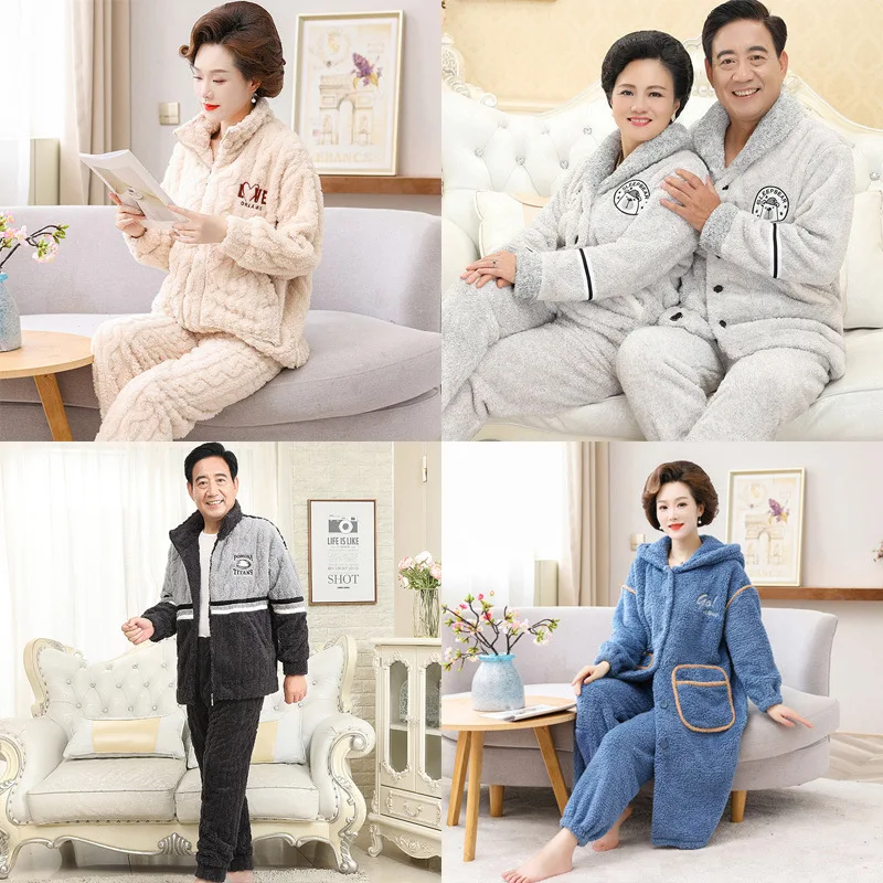 Parents' Middle-aged Elderly Winter Couple Women's Long Sleeved Cardigan Suit Men's Plush Simple Pajamas Thickening Keep Warm