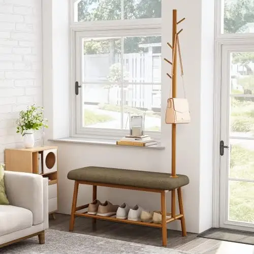 

Bench with Storage Bamboo Shoe Bench with Cushion Seat Rustic Storage Benches for Bedroom Living Room Indoor(Brown)