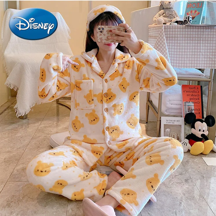 

Disney Mickey Mouse Winnie The Pooh Women's Loose Large Size Flannel Homewear Winter Coral Fleece Thickening Warm Pajama Set