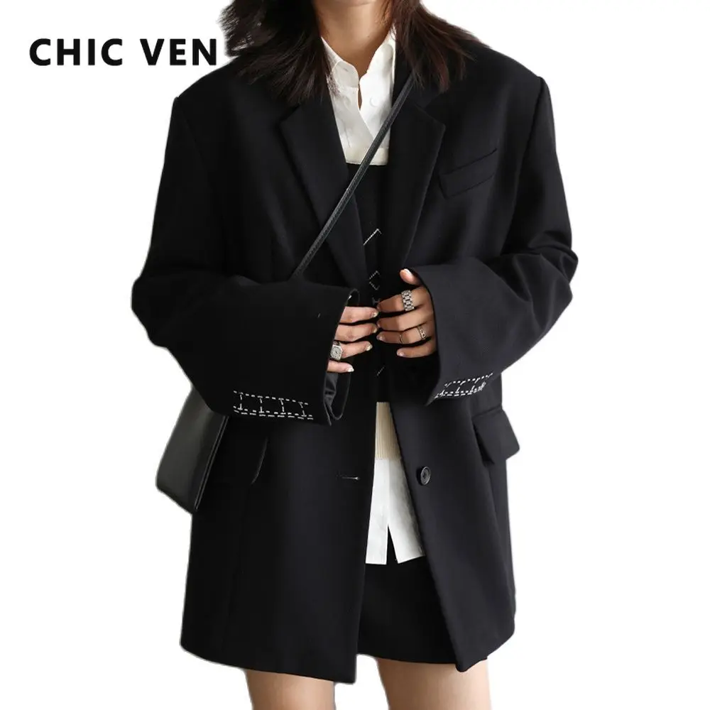 CHIC VEN Women's Fashion Blazer Set Solid Loose Office Lady High Waist Pants Suits Outerwear Coat Female Tops Spring Autumn 2022