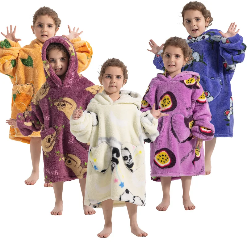 

For Children Hooded Long Sleeve Homewear Oversized Thicken Winter Clothes Wearable Blankets Pajamas Sleepwear Lazy Nightgown