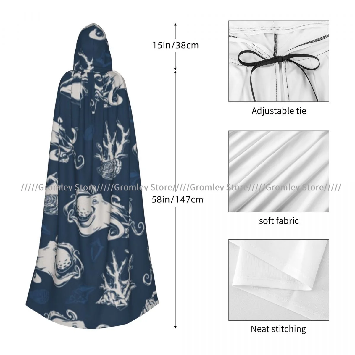 Морской осьминог узор плащ ведьмы с капюшоном косплей костюм Хэллоуин для