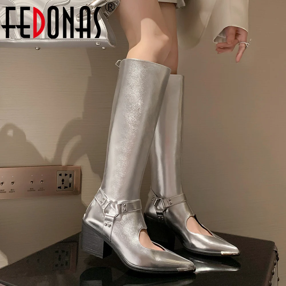 

FEDONAS Fashion Hollow Women Knee-High Boots Genuine Leather Thick Heels Pointed Toe Party Spring Autumn Four Season Shoes Woman
