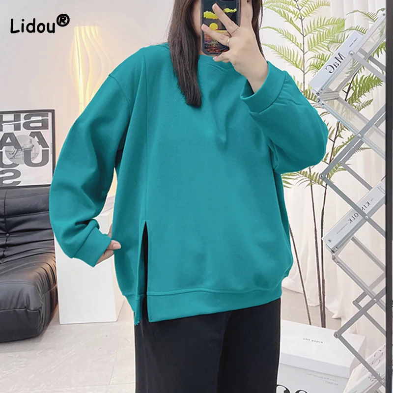 Autumn Winter Plus Size Solid Casual Women Top Korean Crew Neck Slit Long Sleeve Adding Velvet Without Pilling Loose Sweatshirts