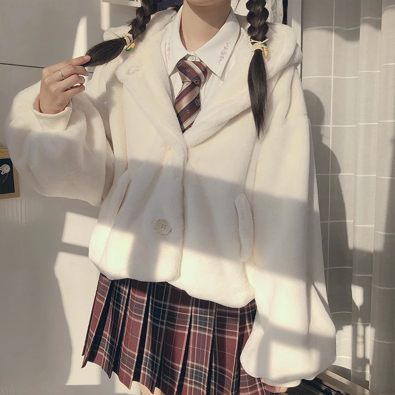 Winter Teddy Jackets Cute Parkas Soft Fluffy Faux Fur Coat Women with Hood Long Sleeve Lovely Harajuku Kawaii Teddy Jacket White