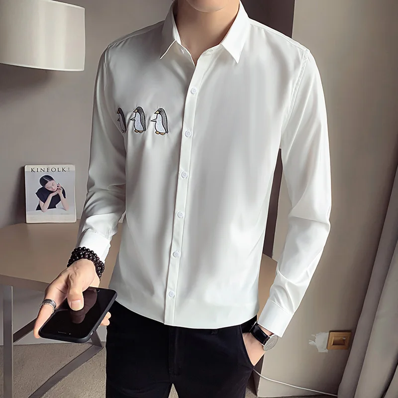 

Рубашки с вышивкой пингвина для мужчин, приталенная Повседневная рубашка с длинным рукавом, черно-белая деловая формальная рубашка, вечерн...