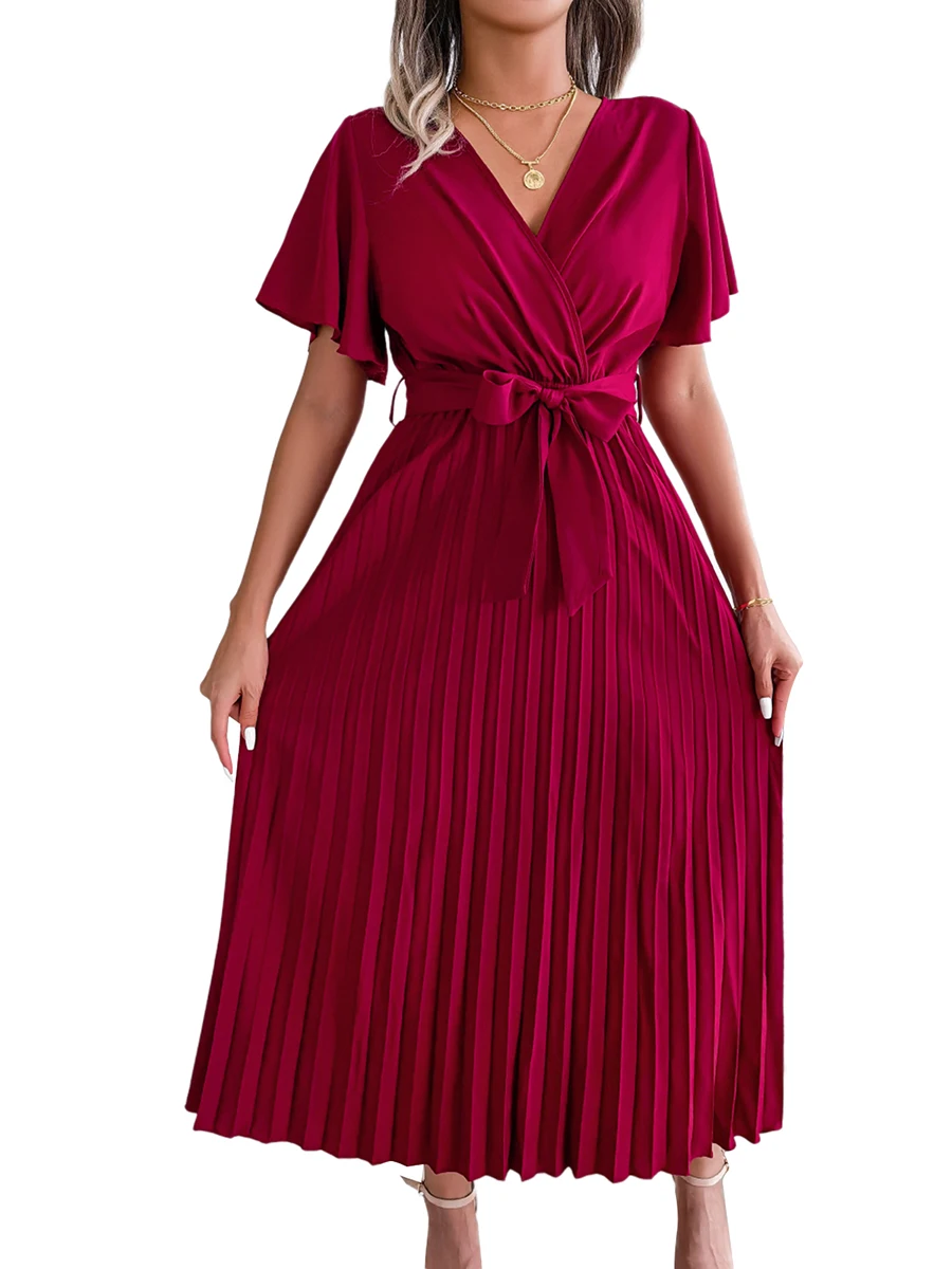 

Womens Summer Dresses V Neck Short Sleeve Pleated Big Hem Elegant Casual Flowy Midi Dress with Belt
