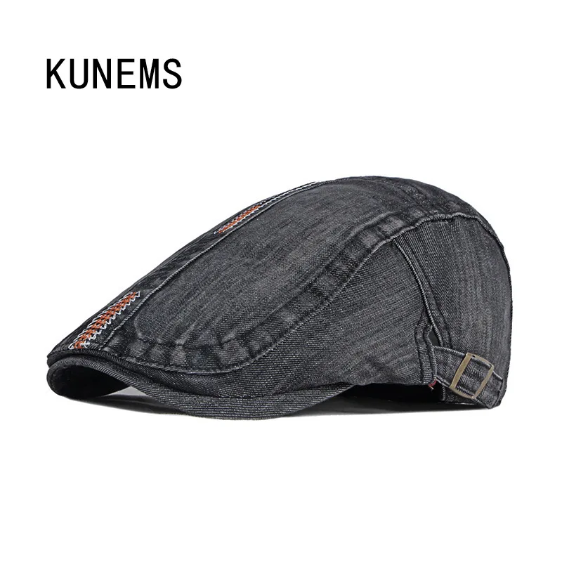

KUNEMS Washed Denim Berets Personalized Embroidered Stitch Newsboy Mens Hat Boina Casual Flat Hat Cotton Dad Cap Gorros Hombre
