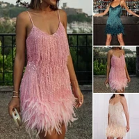 v neck backless off shoulder hip wrap women dress sexy women fringed sequin feather stitching dress female clothing