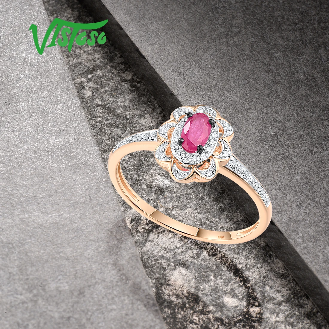 VISTOSO Prawdziwy pierścionek z różowego złota 14K 5885 dla kobiet Błyszczące diamenty Rubinowe fantazyjne rocznice ślubu Luksusowe prezenty