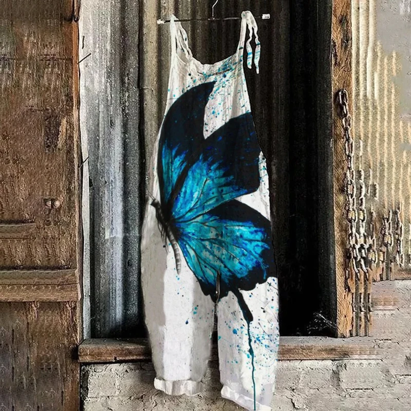 Широкий свободный комбинезон женский повседневный винтажный с принтом бабочки