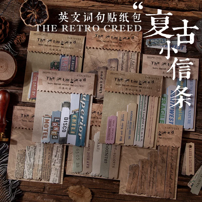 

60 шт. наклеек s эстетические английские слова фигурки наклейки в форме полоски винтажные маленькие Creed журнал поставок 8 моделей