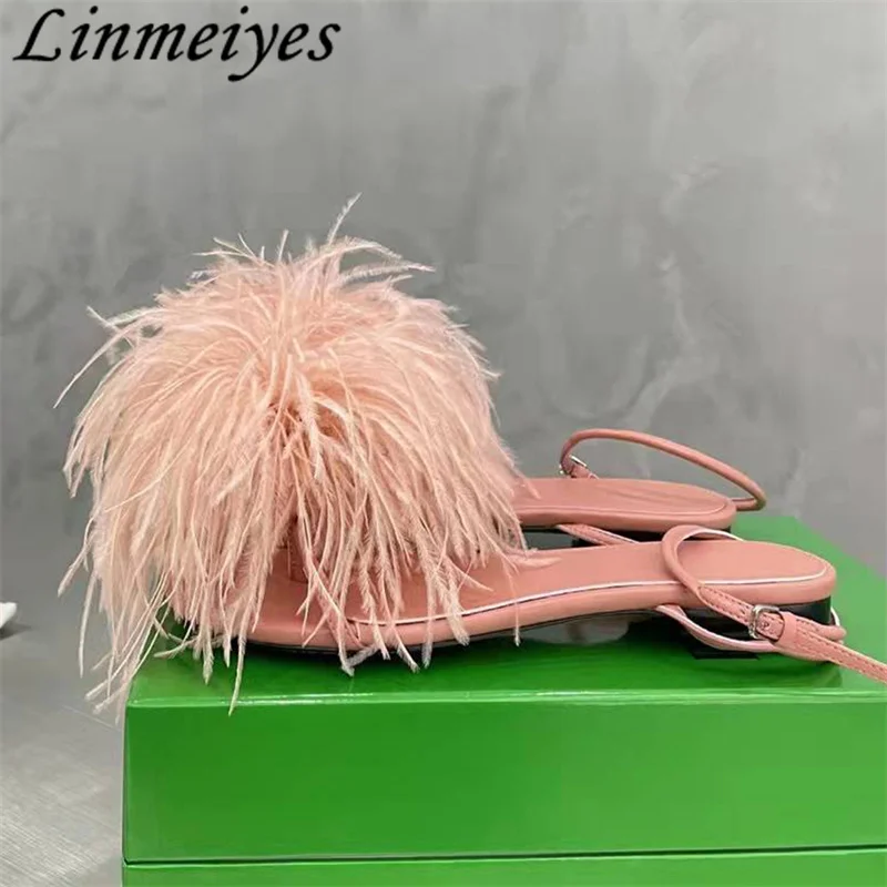 

Ostrich Hair Sandals Women Genuine Leather Flip Flops Runway Shoes Woman Summer Flat Feather Sandals For Women Sandalias Mujer
