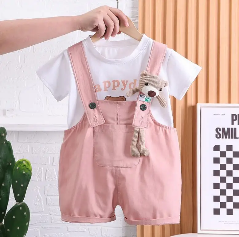 

Летняя одежда для маленьких девочек от 12 до 18 месяцев, футболки с мультяшным принтом, топы и комбинезоны на подтяжках, детские спортивные ко...