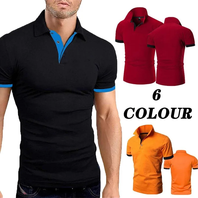 

Men's Summer Sports Fashion Solid Color Turn-Down Collar Polo Shirts Slim Fit Casual Business Short Sleeve T Shirt Golf Clothing
