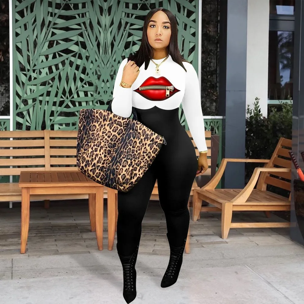 Oversized Long Sleeve Jumpsuit Rompers Ladies Fashion Printed Sexy Lip Turtleneck Bodysuit 2020 Fall Clothing for Women | Женская одежда
