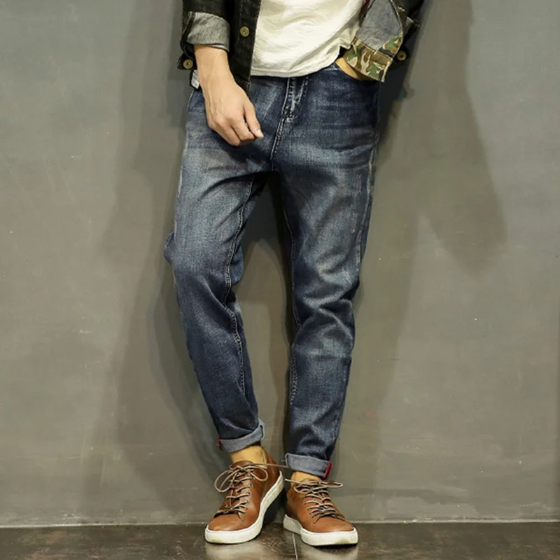 Men Clothing Autumn and Winter Straight Loose Cylinder Jeans Vintage Chaopai Elastic Force Comfortable Blue Harun Trousers Women