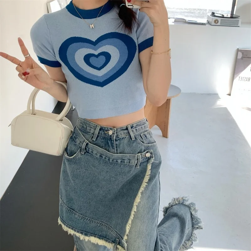 

Sweet Knitted T-shirt Women Summer Short Sleeve Love Pattern Design Short Top Y2k Aesthetic Cute Tee