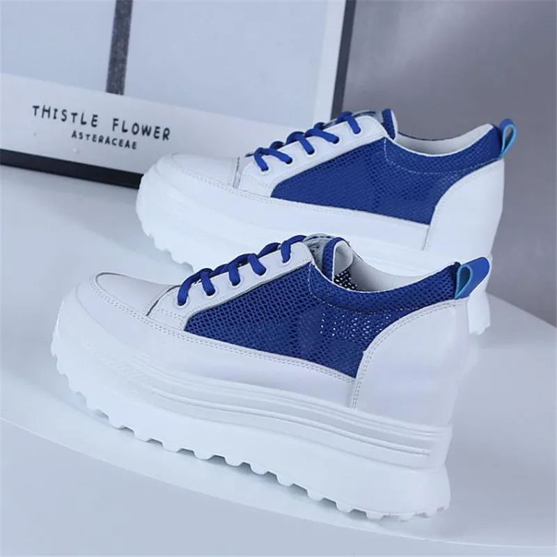 

Summer new thick bottom low top slope heel inside height 8CM mesh breathable casual Sneakers lacing small white shoes