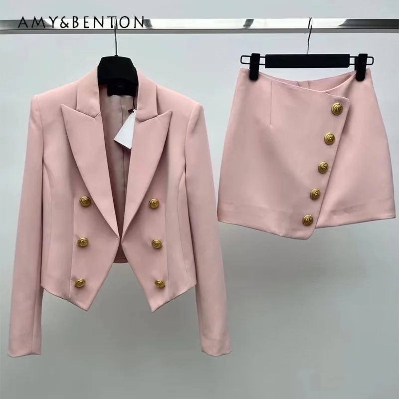 

French Style Outfits Long Sleeve Suit Coat Women's Early Spring 2023 New High Sense Pink Short Skirt Overskirt Two-Piece Set