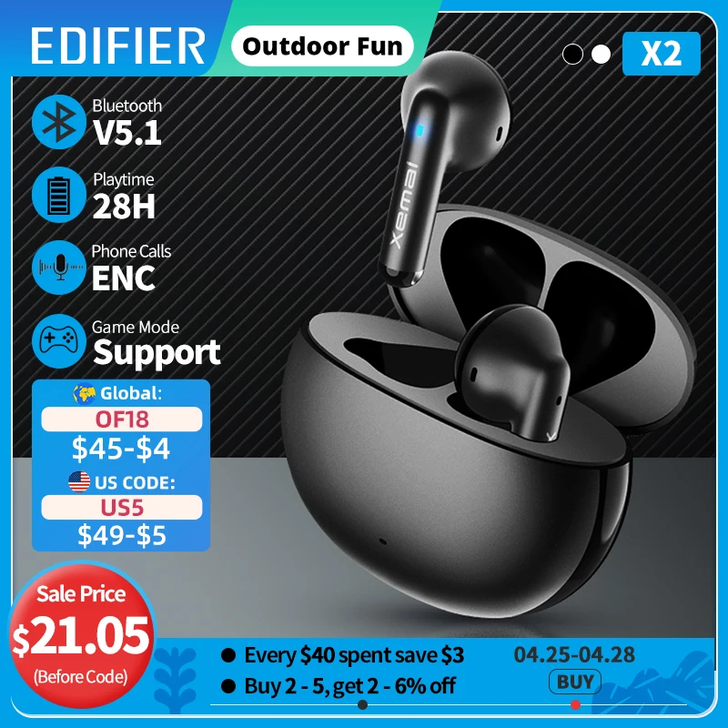 

EDIFIER X2 TWS Earbuds Wireless Earphones Bluetooth 5.1 voice assistant 13mm driver touch control up to 28hrs playtime Game Mode