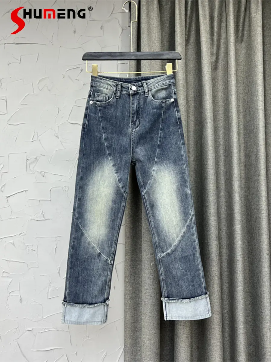 

Blue Personalized White High Waist Slim Fit Straight-Leg Denim Pants Korean Style Women Autumn Fashion Elegant Cropped Jeans