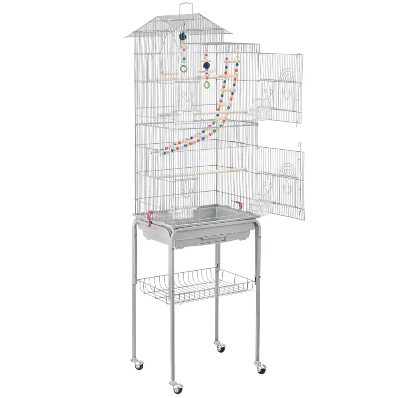 

Easyfashion 62.4" Metal Bird Parrot Cage with Detachable Stand, Light Gray