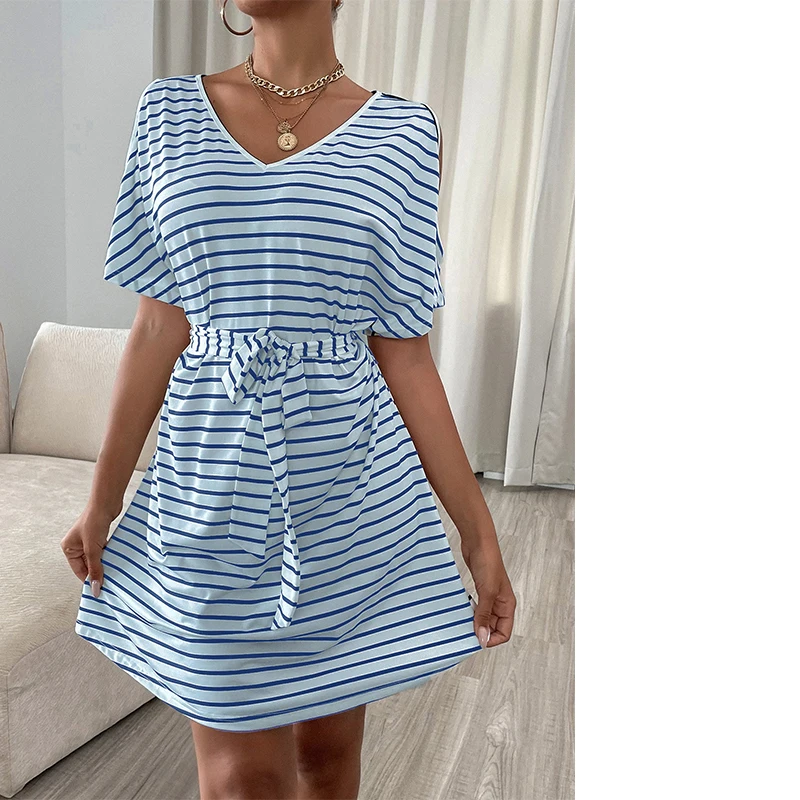 

Summer Women's V-neck Lace-up Slim Striped Dress Casual Beach Streetwear Style