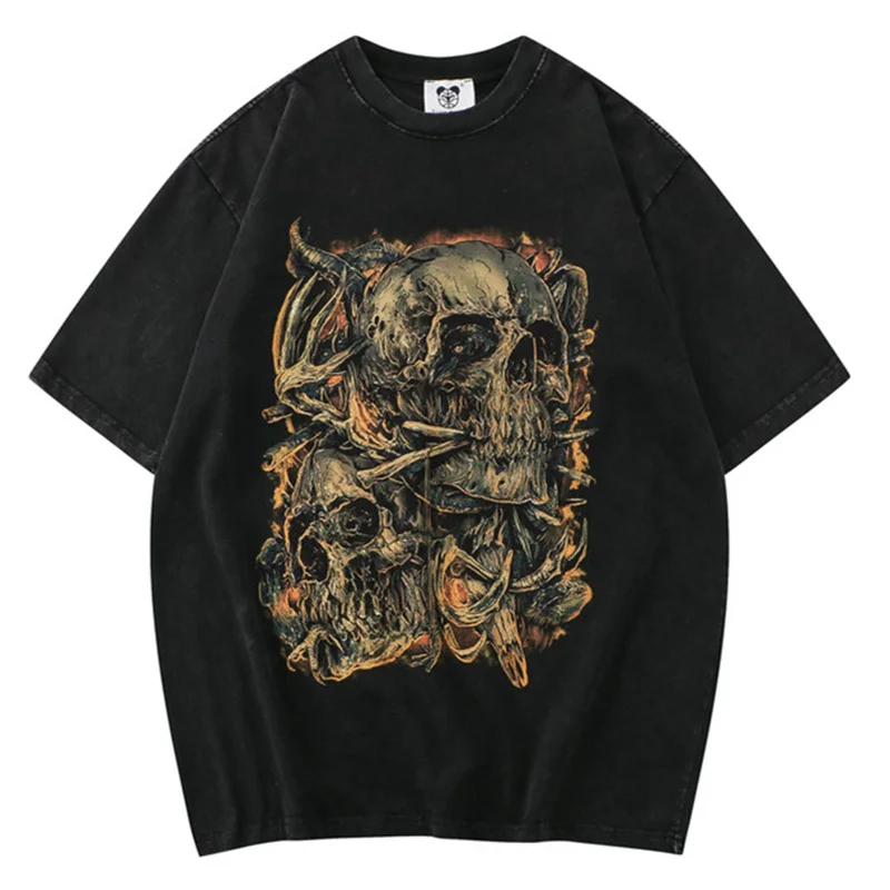 

Men Hip Hop Oversized T Shirt Gothic Streetwear Skull Printed Punk Vintage Washed T-shirts Summer Harajuku Cotton Tops Tees