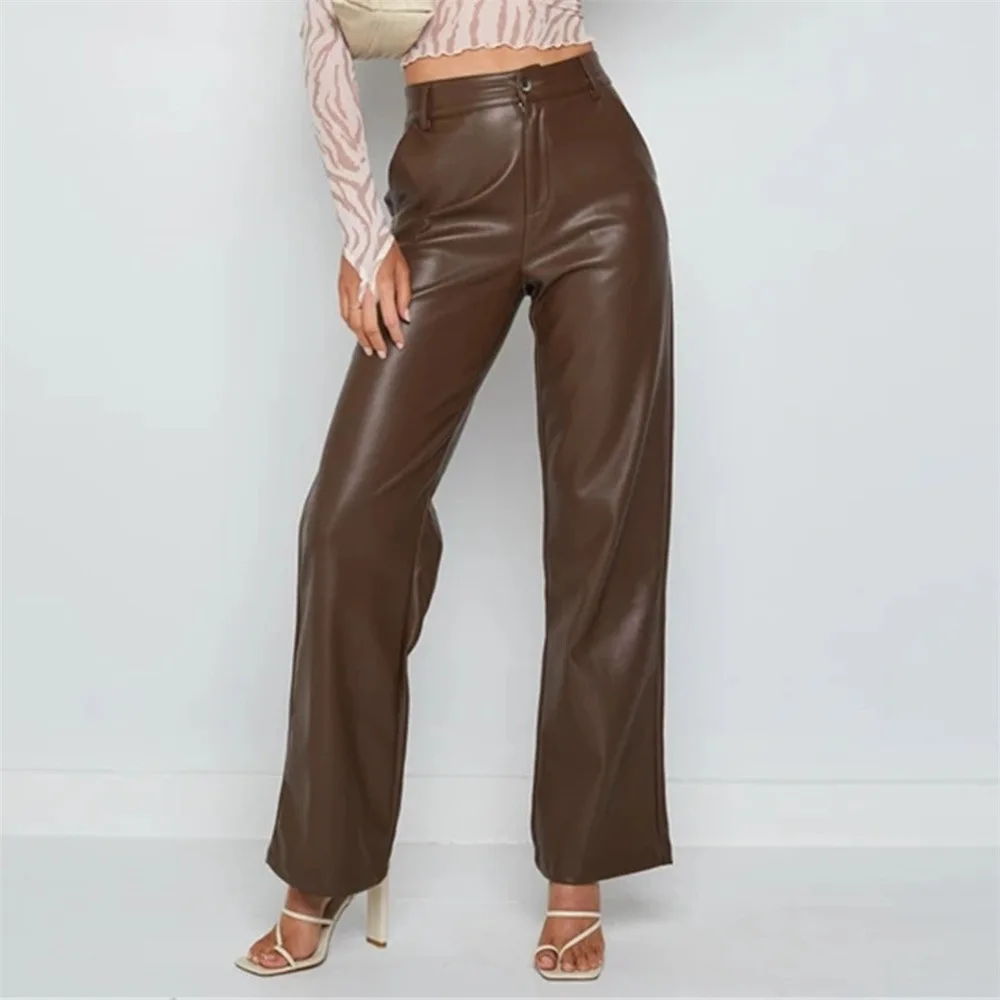 

Woman Brown Black Casual Baggy Pants Office Straight Pants 2022 Fashion Wide Leg Faux Leather Button Zipper Elasticity Trousers