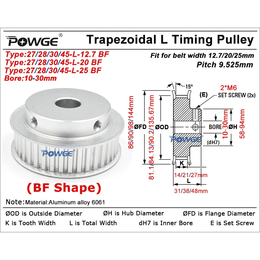 Фото POWGE 27 28 30 45 teeth L Timing Pulley Bore 14/15/16/17/18/19/20/22/24/25/28/30mm for Belt width 13/20/25mm 27T 28T 30T 45T №2