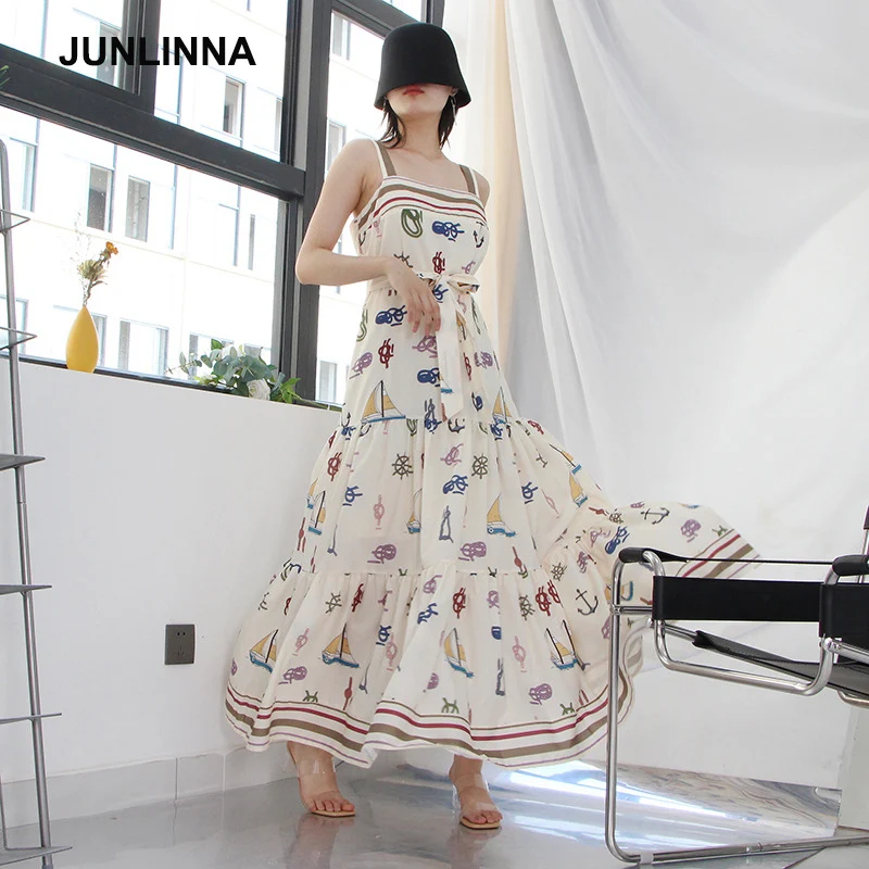 

JUNLINNA Fashion Designer Vintage Women Dress Beach Holiday Camisole Summer Printed Vestidos