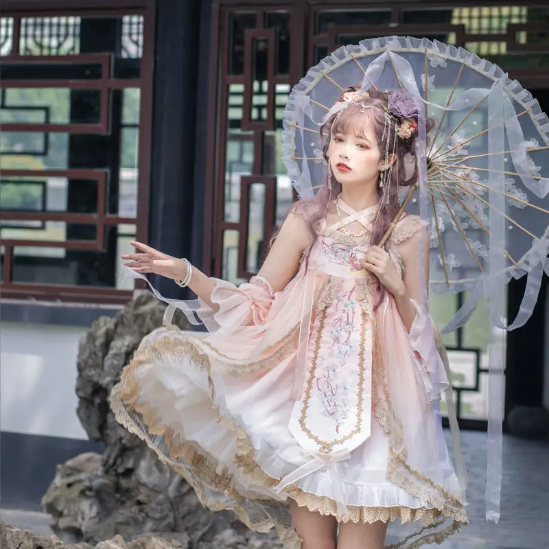 

High Quality Original Pink Embroidered Lace Lolita Dress Sweet Girls Cross Halter Suspender Dress Summer Fashion Kawaii Outfit