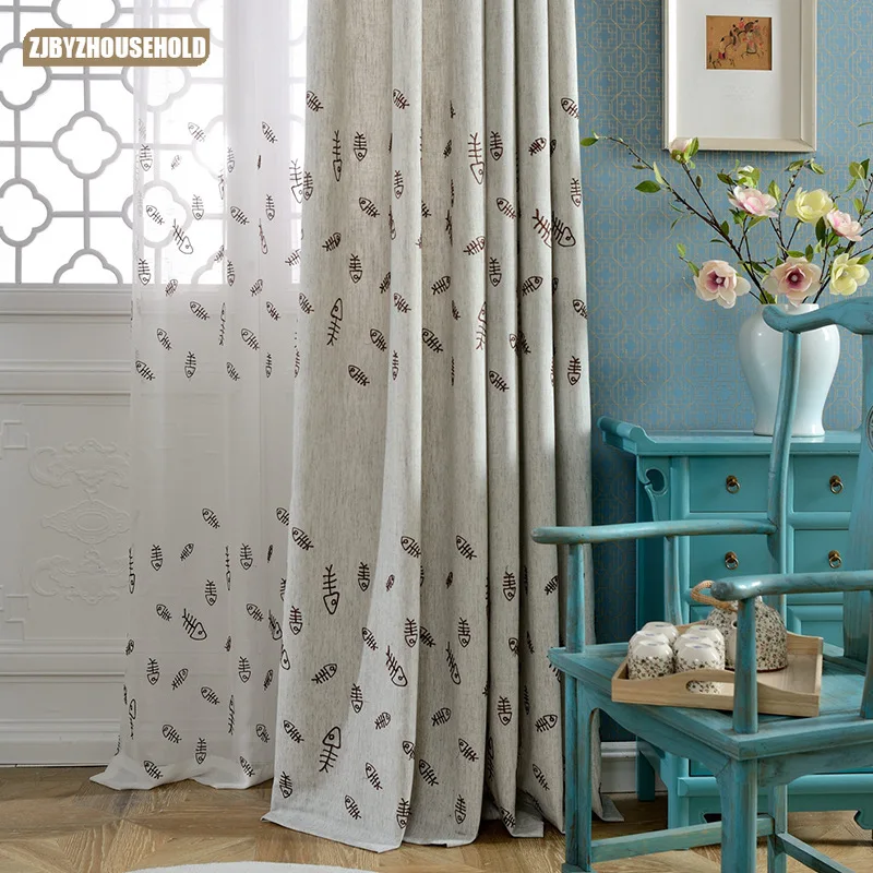 

Bedroom Living Room Curtains Nordic Style Thickened Cotton and Linen Embroidered Simple Modern Embroidery Gauze Fish Solid Color