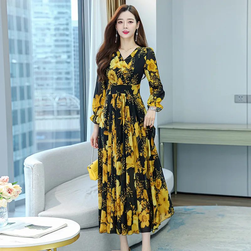 Muslim Floral Chiffon Long Sleeve Maxi Dress Spring Autumn New V-Neck Elegant  Dress 2023  muslim dress women  فستان