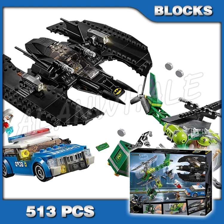 

513pcs Super Fighter Batwing and The Riddler Heist Car Helicopter Gotham 11352 Building Blocks Boy Compatible With Model