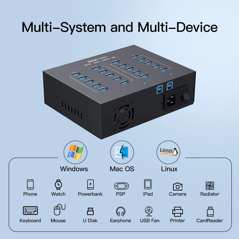 Sipolar A-213P Высокоскоростной 20-портовый концентратор USB 3.0 110 Вт зарядный 1 А со