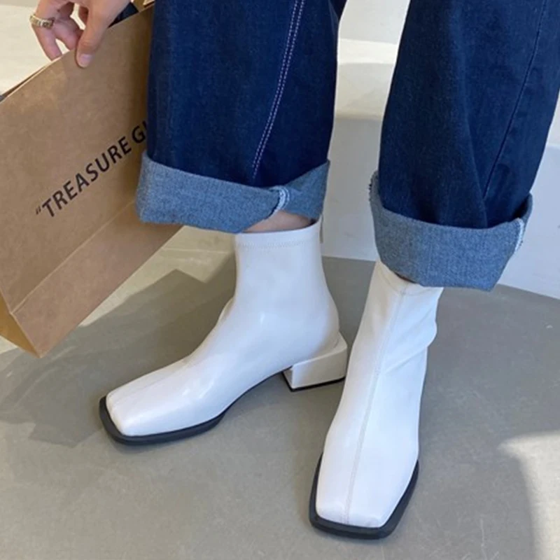 

Women High Heels Chelsea Ankle Boots Winter 2022 New Fashion Thick Pumps Casual Ladies Shoes Square Toe Zipper Motocycle Botas