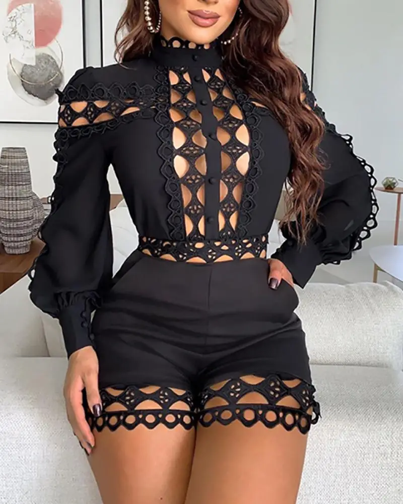 

Sexy Hollow Out Lace Blouse Playsuits for Women Summer Long Sleeve Skinny Nightclub Overall Fashion Woman Clothing