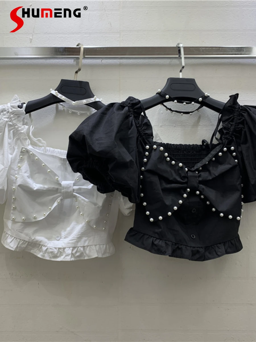 

Summer Beaded Bowknot Decoration Corset Top Blouse Puff Sleeve Pullover Sling Collar Waist Trimming Short Women-Blouses 2022