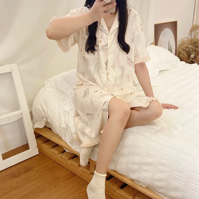 QWEEK Gauze Rabbit Print Nightie Cardigan for Women Kawaii Cotton Sleepwear Korean Style Loungewear Sweet Night Dress
