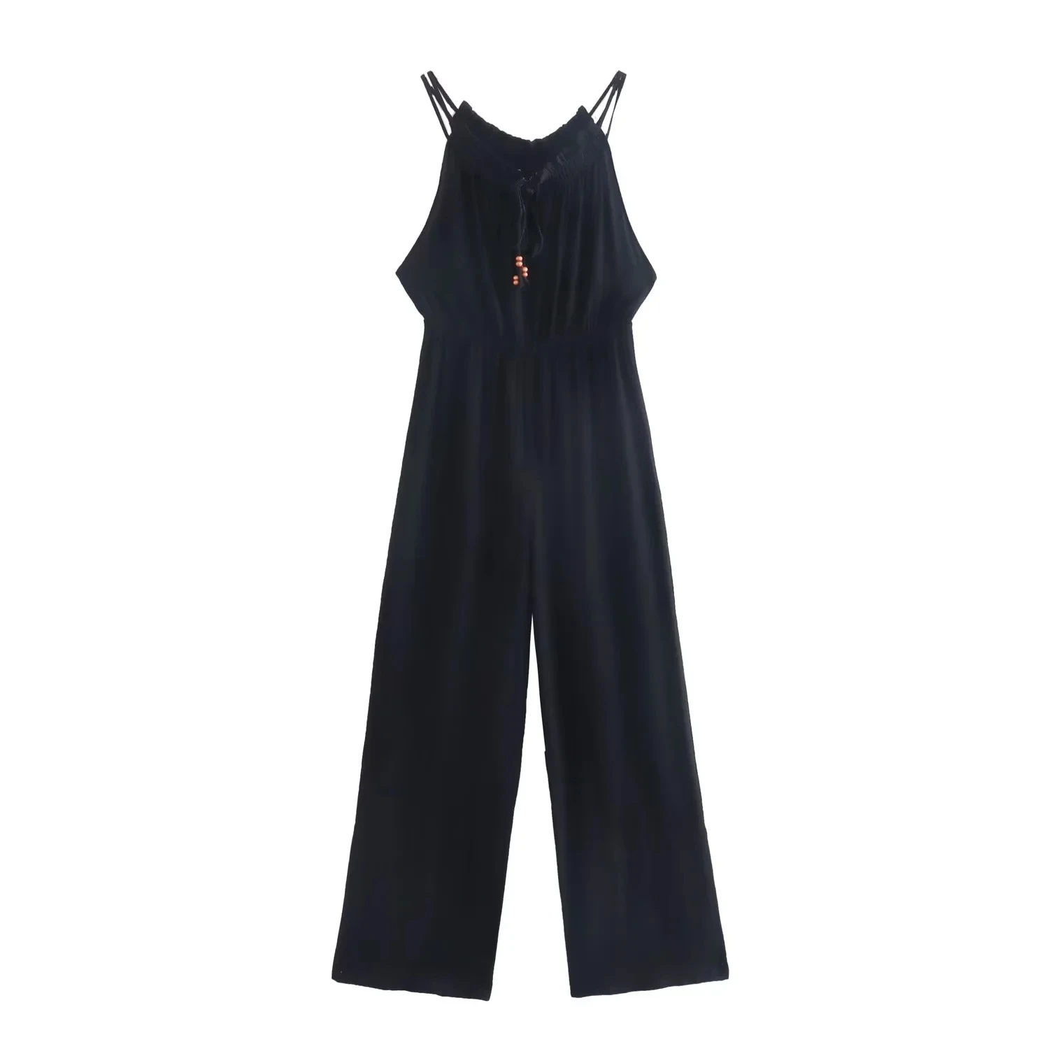 Dave&Di French Style Indie Folk Fashion Jumpsuits Sleeveless Beaded Tassles Casual Black Jumpsuits Women